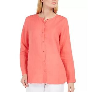 Eileen Fisher Organic Linen Collarless Button Down Shirt size Petite Small PS